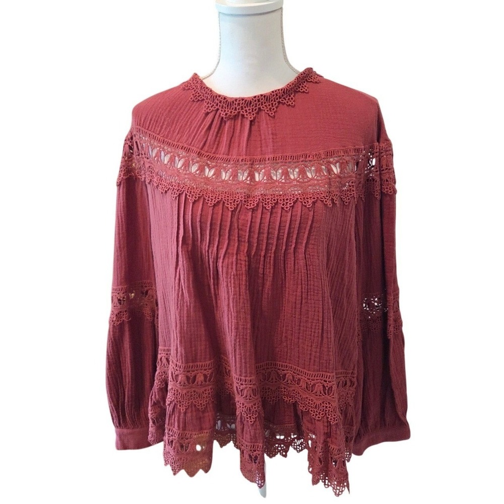 See And Be Seen Boho Crochet Lace Gauze Blouse Flowy Peasant Terracotta Red  XL